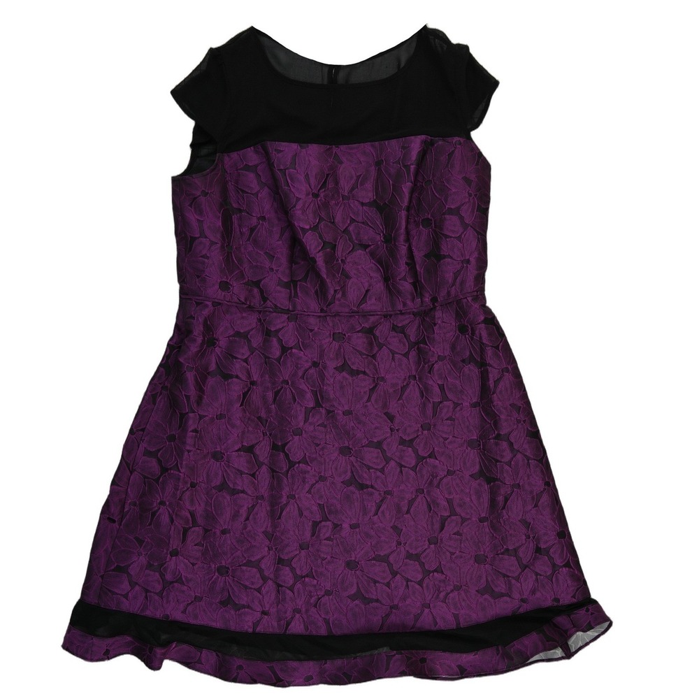 Adrianna Papell Midi Dress Women's Size 18W Purple Black Floral Jacquard Sleeve